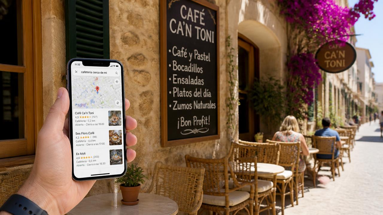 Cliente buscando en el móvil una cafetería local de Mallorca frente a la terraza del negocio