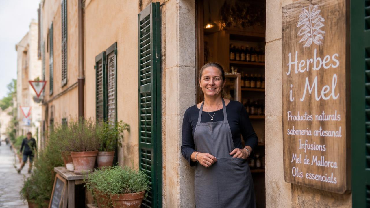 Propietaria de una pequeña tienda de productos naturales en un pueblo de Mallorca en la puerta de su local