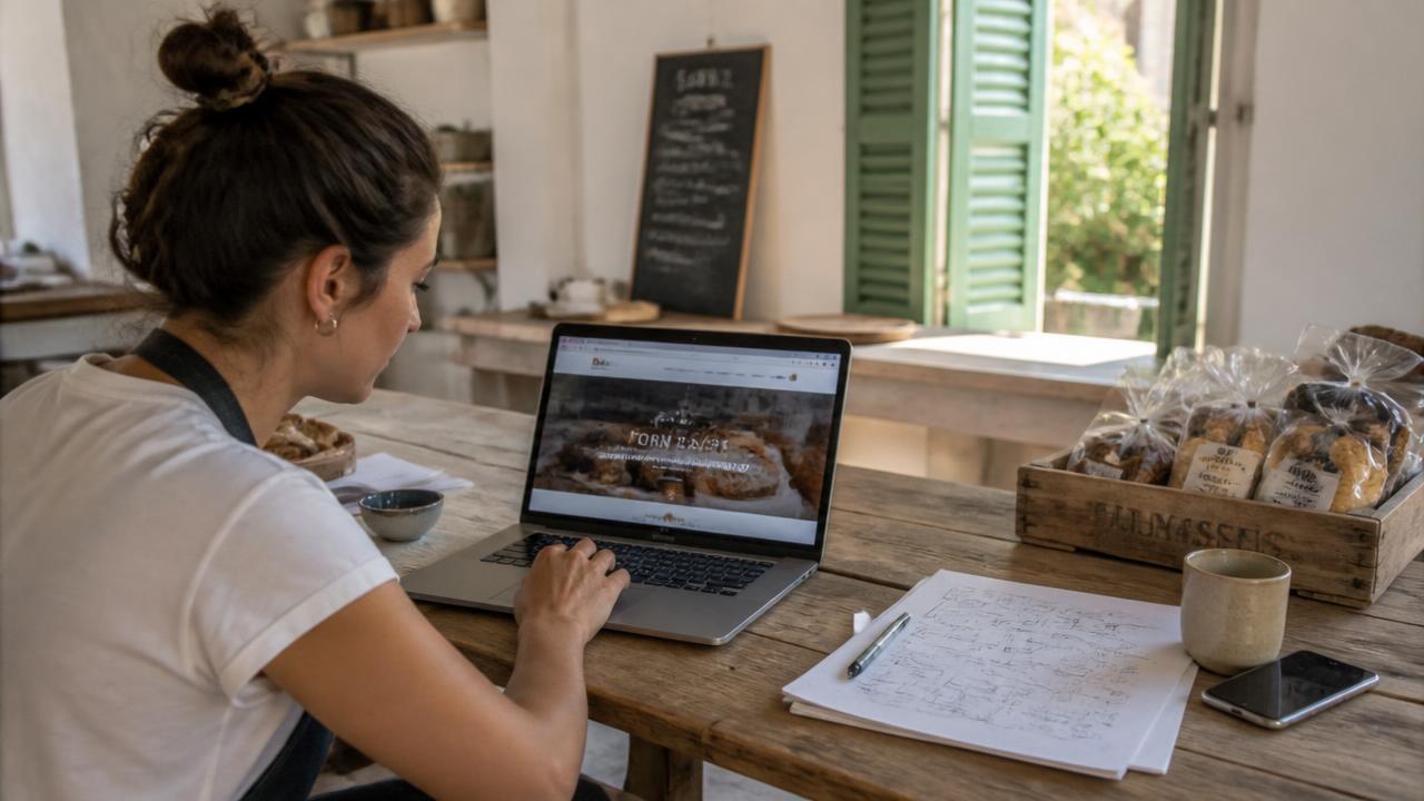 Dueña de un pequeño horno artesanal de Mallorca revisando el diseño de su página web en un portátil